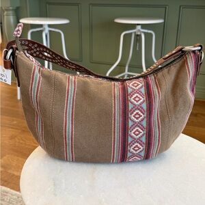 Fossil Vintage Inspired Tahoe Hobo  Canvas Shoulder Bag Studded Leather Strap